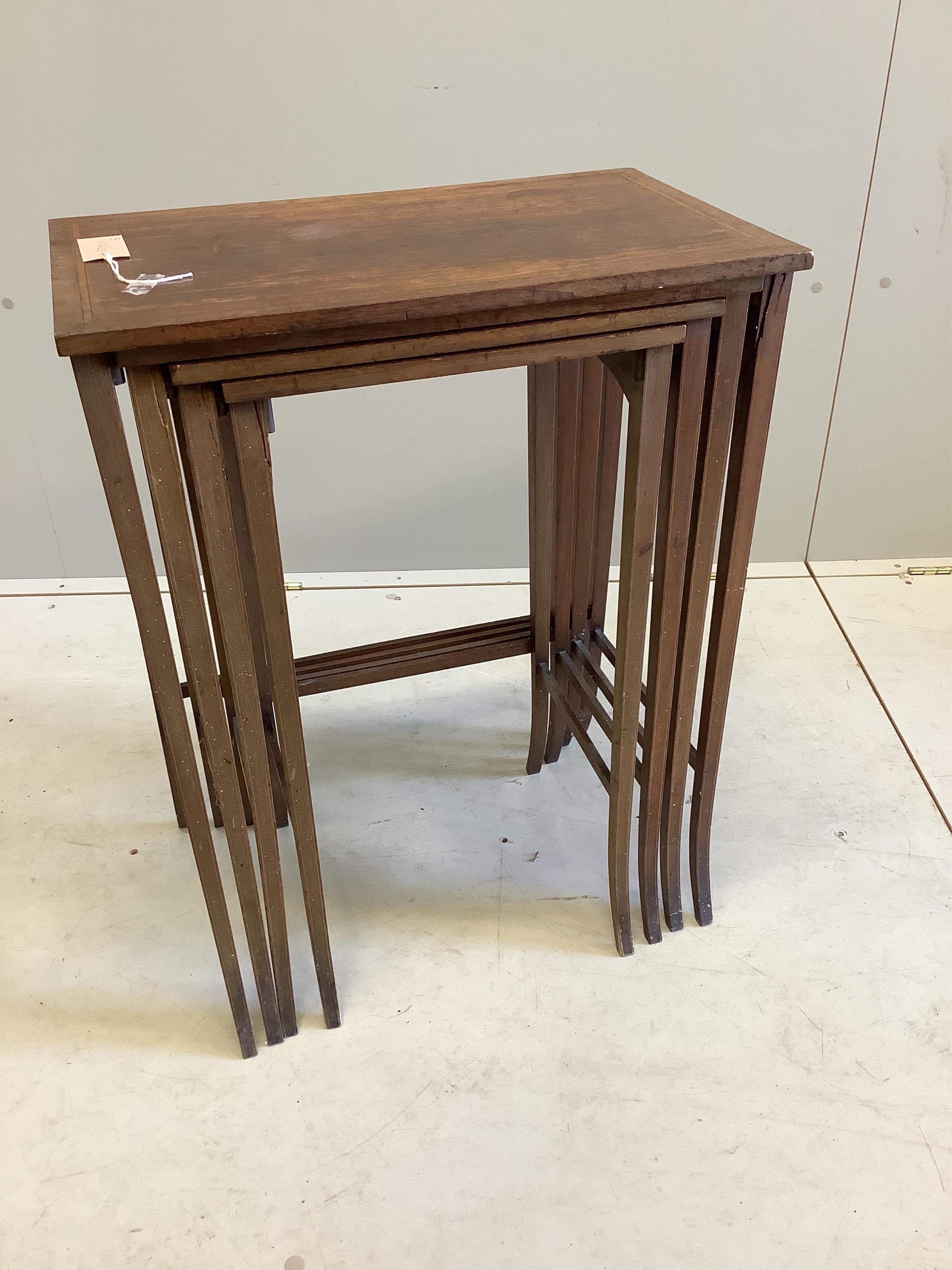 A quartetto of Edwardian satinwood banded mahogany tea tables, on splayed legs, width 54cm, depth 33cm, height 71cm (in need of repair)